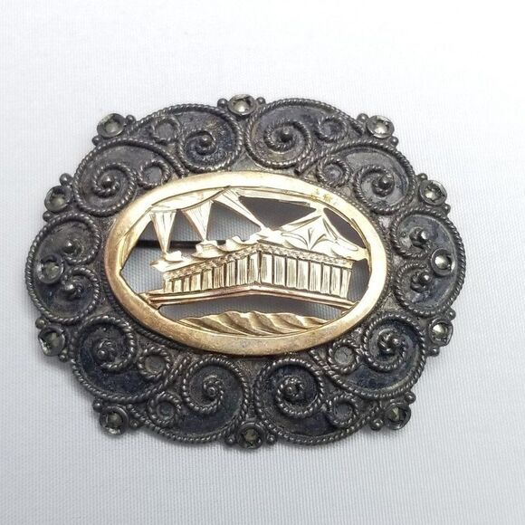 Antique Grand Tour Acropolis Parthenon Brooch 950 Silver Gilt Marcasite - Picture 7 of 7